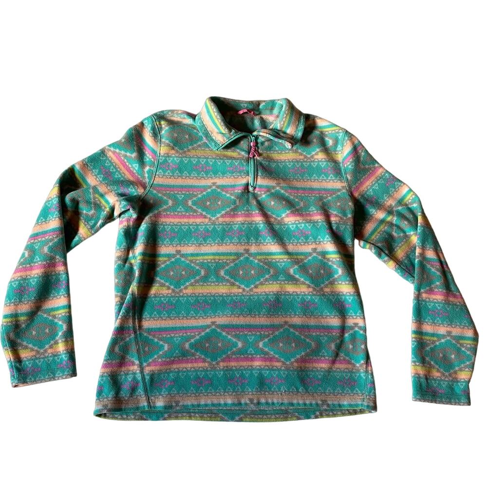 Chubbies Pullover Fleece SweaterTop Aztec Southwestern Teal Blue Womens Medium